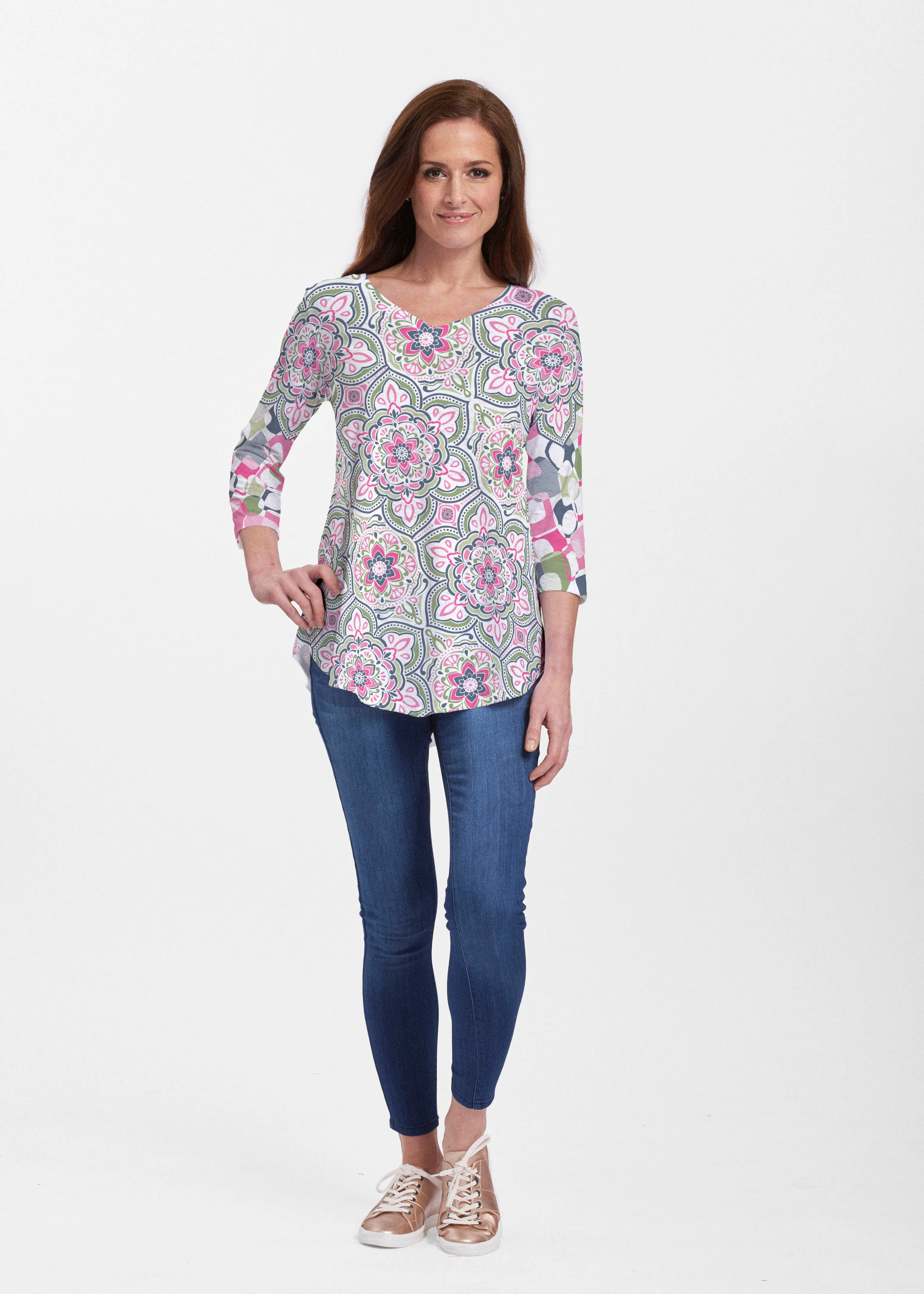 Mandala Geo Blue (13503) ~ V-neck Flowy Tunic