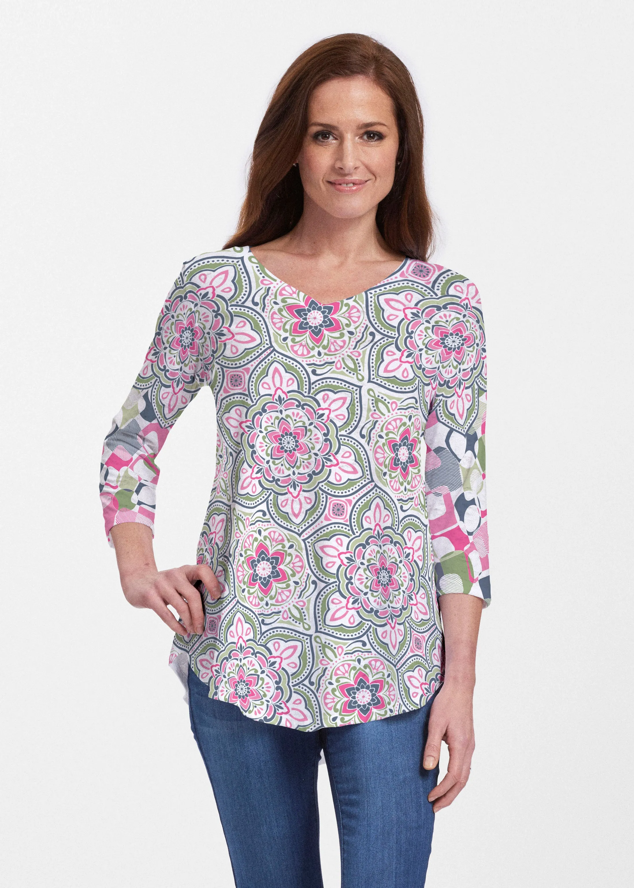 Mandala Geo Blue (13503) ~ V-neck Flowy Tunic