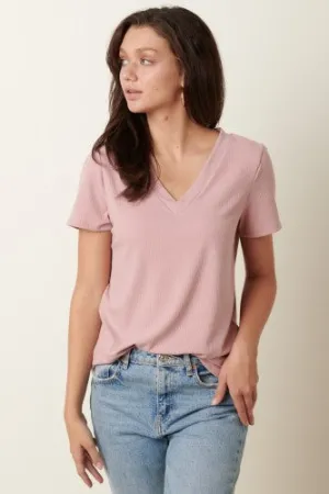 Mauve Rib Knit V Neck Tee