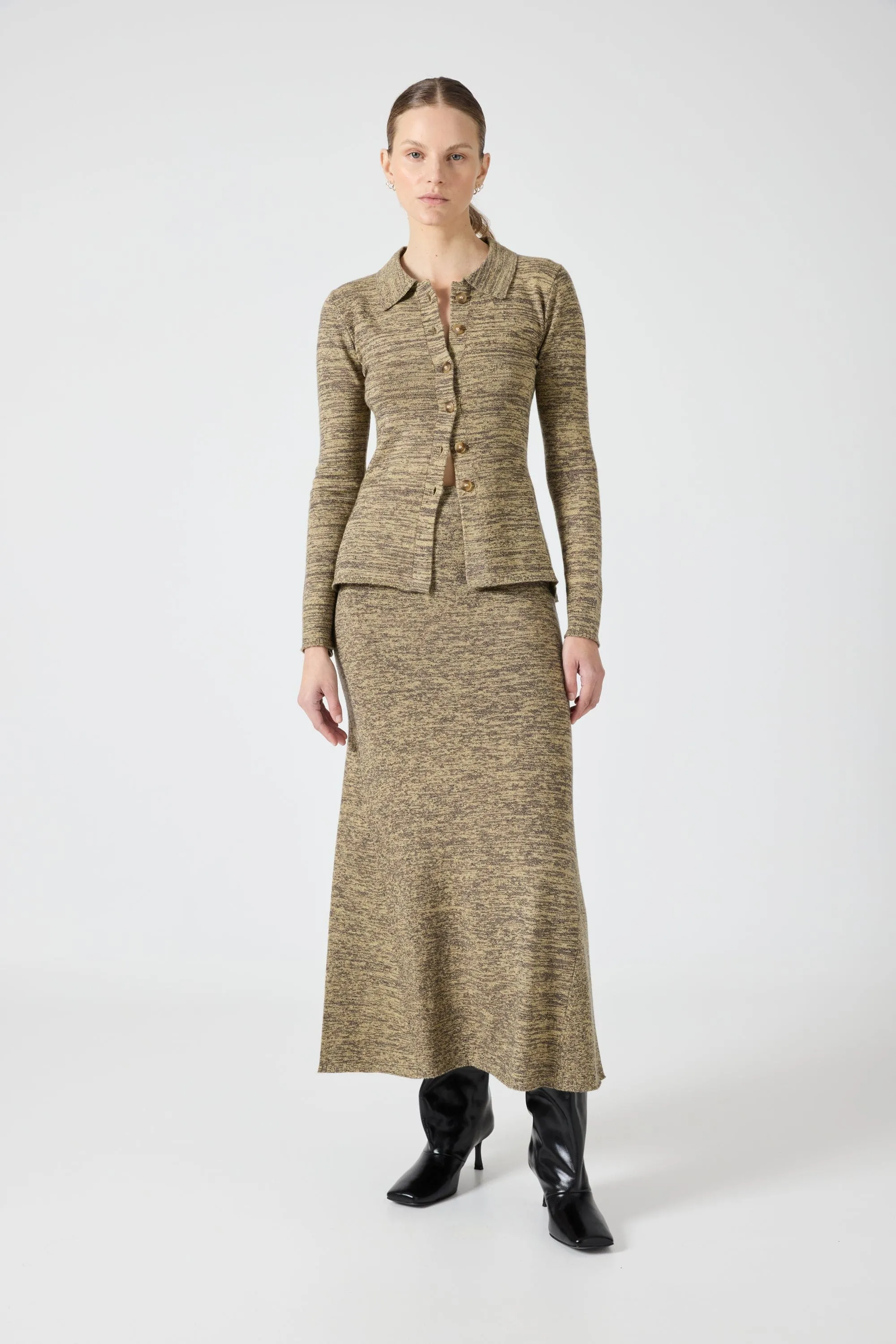 MELANGE KNIT MIDI SKIRT | PEBBLE