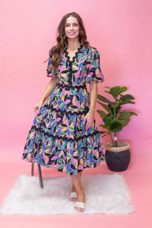 Multi Printed Ric Rac Dress UD2036