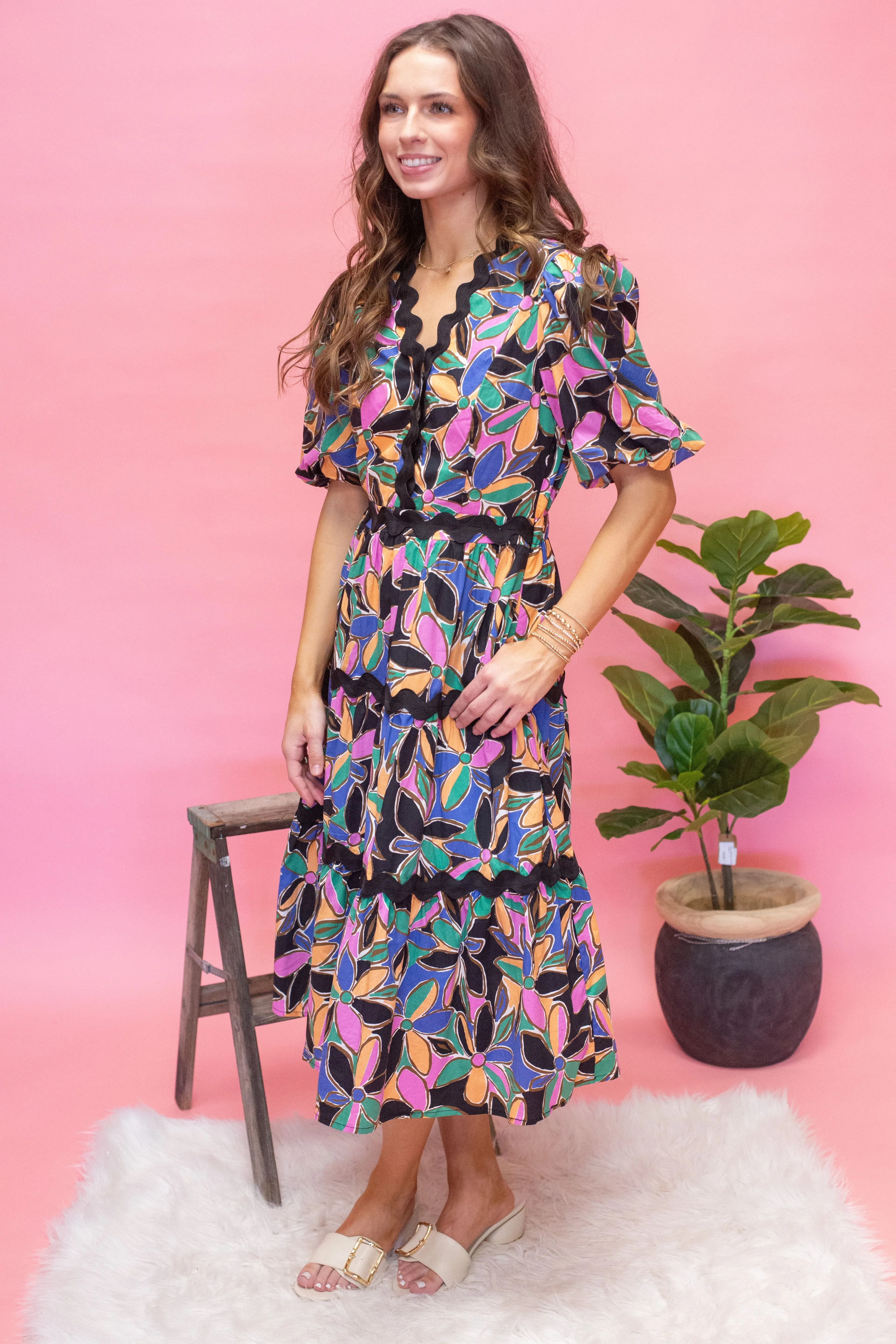 Multi Printed Ric Rac Dress UD2036