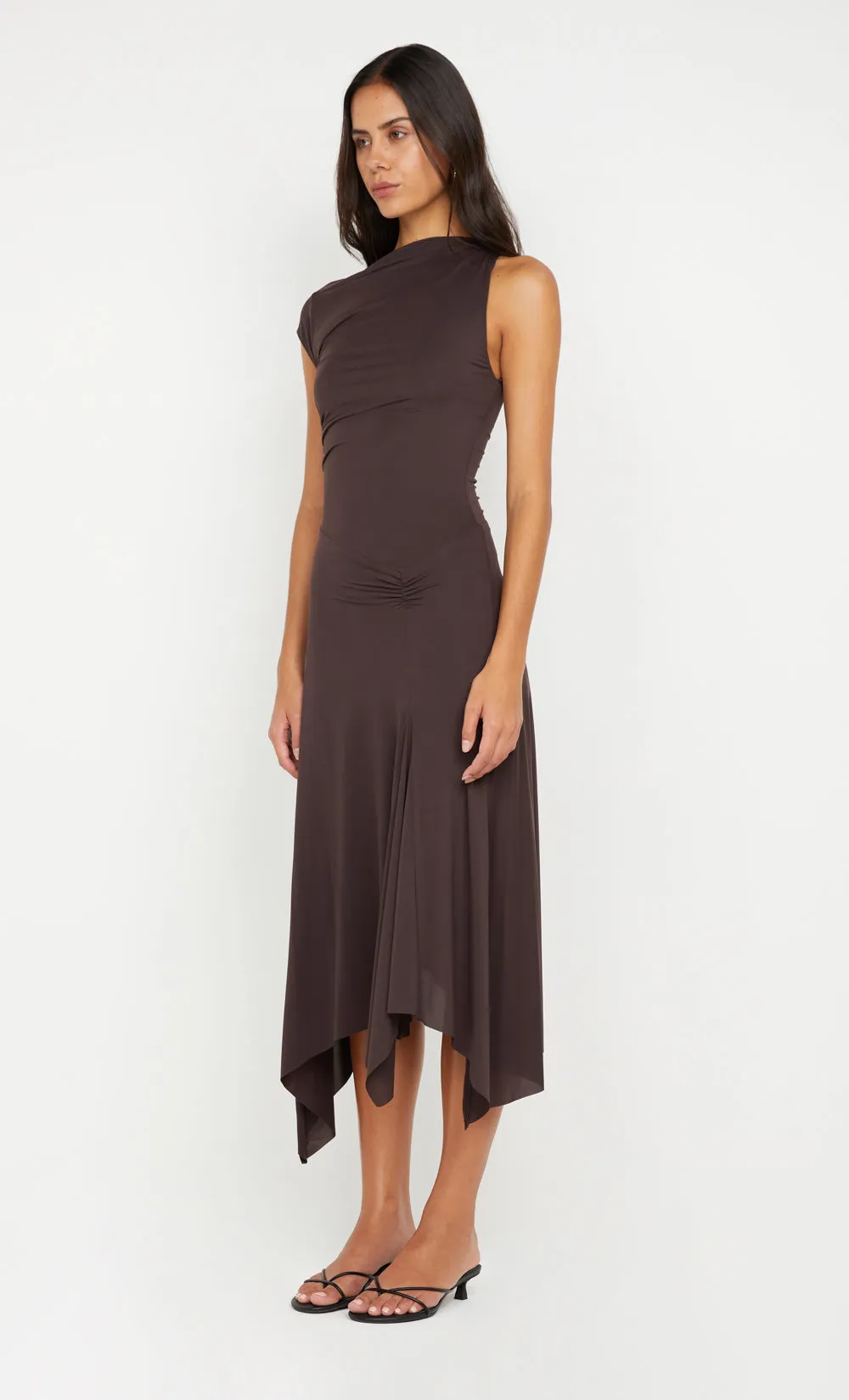 NARA ASYM MIDI DRESS - DARK CHOCOLATE