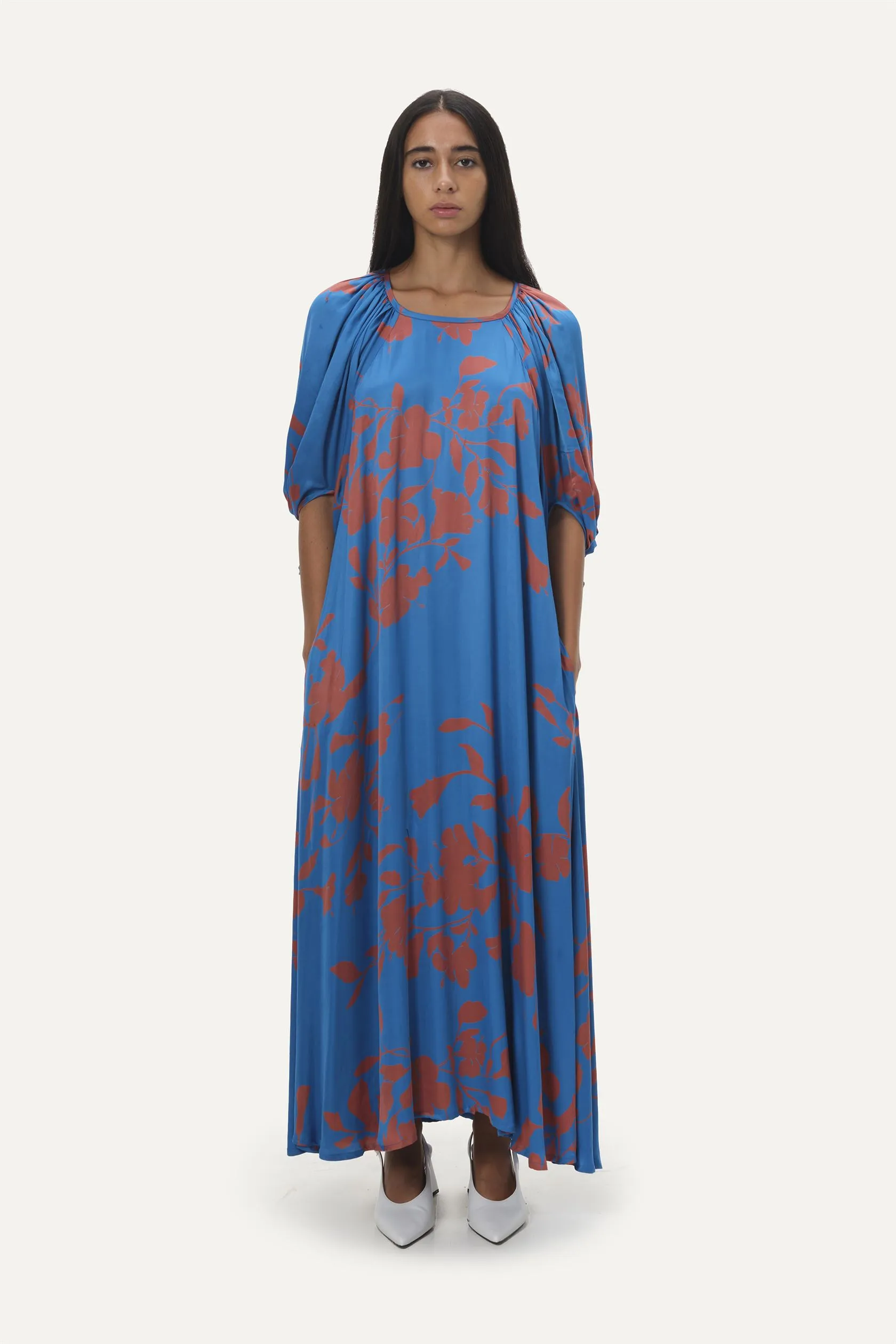 Naushad Ali   I   Raglan sleeve maxi Hibiscus Signature Spring Summer 2025 Ramar Blue Cotton satin NA SS24 W06