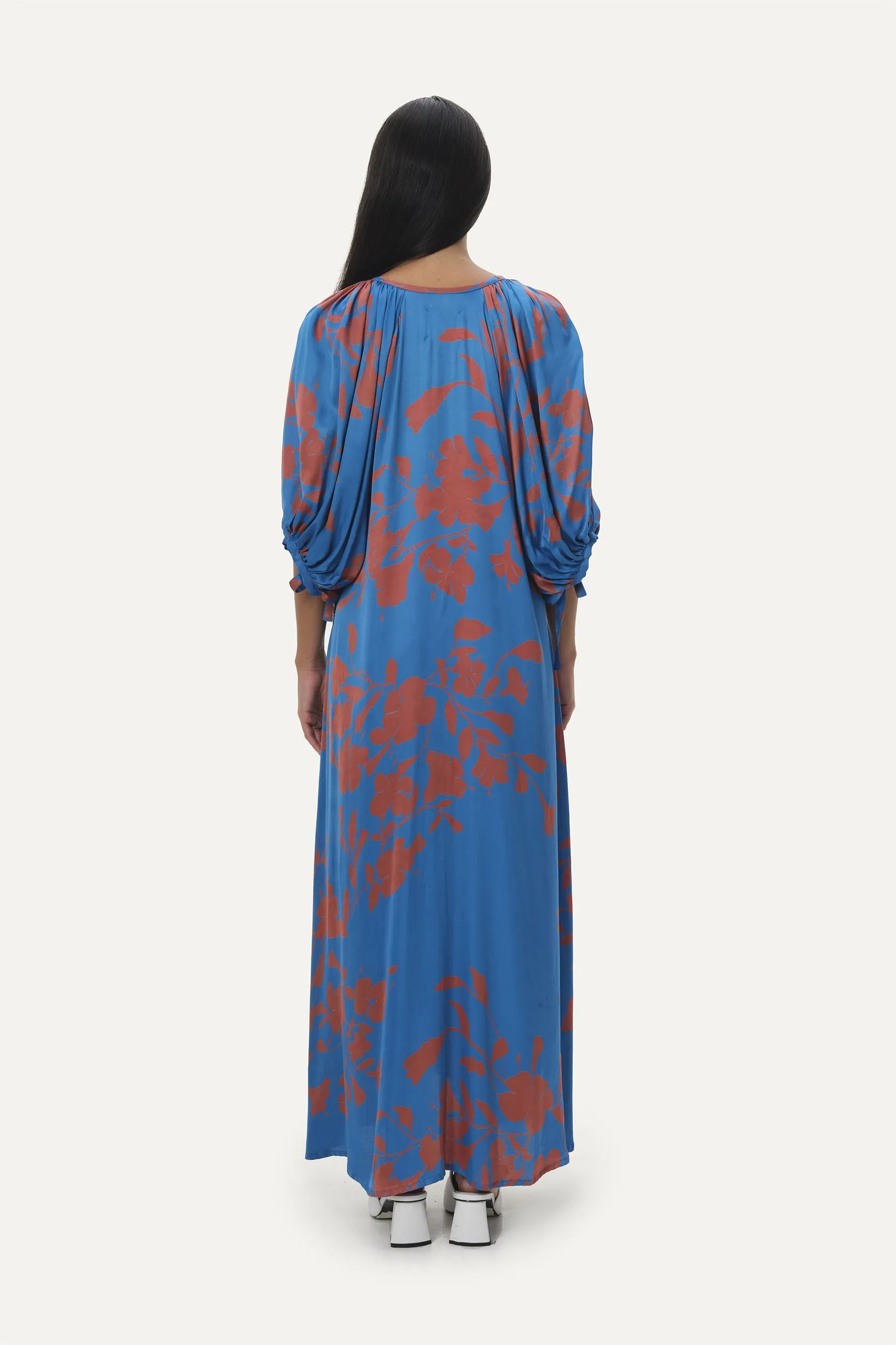 Naushad Ali   I   Raglan sleeve maxi Hibiscus Signature Spring Summer 2025 Ramar Blue Cotton satin NA SS24 W06