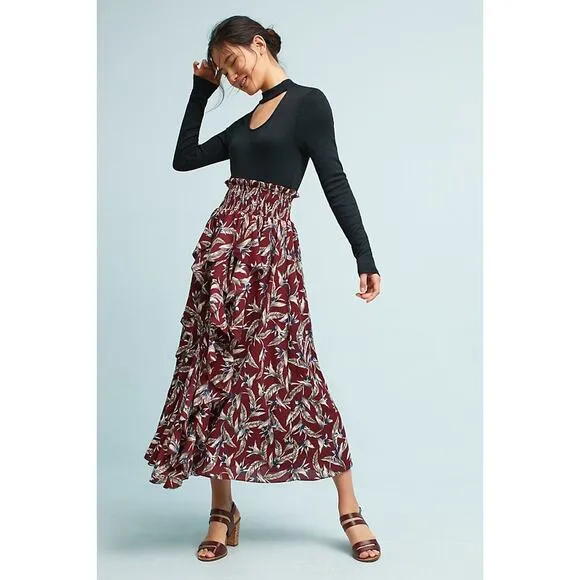 New Anthropologie Keshika Ruffled Midi Skirt Mynah's Reynu Taandon $178 SMALL