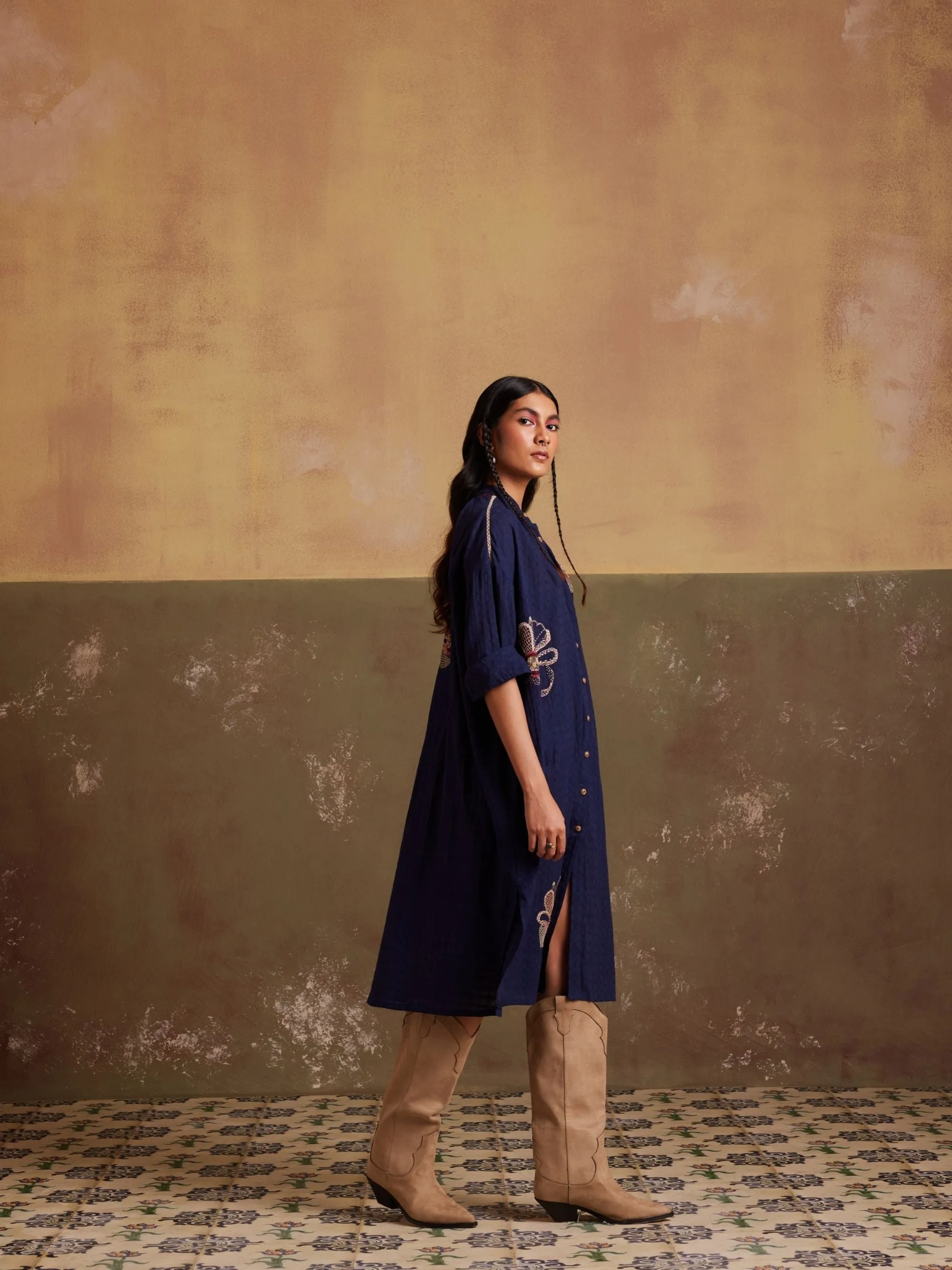 New Season Summer Fall 24-Dress Kaftan Shirt Cotton Indigo-SS24-KSD-IND-Fashion Edit Cord Studio