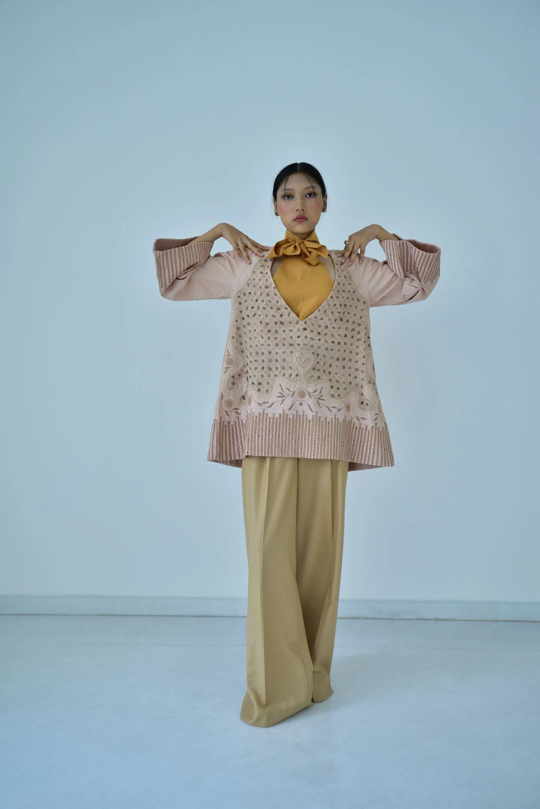 New Season Summer to Fall 2024-Top 2 pc Crossed Halter Bow Silk Amber-SAV/046/CR/S/SQ-Suzanne-Fashion Edit Hemji
