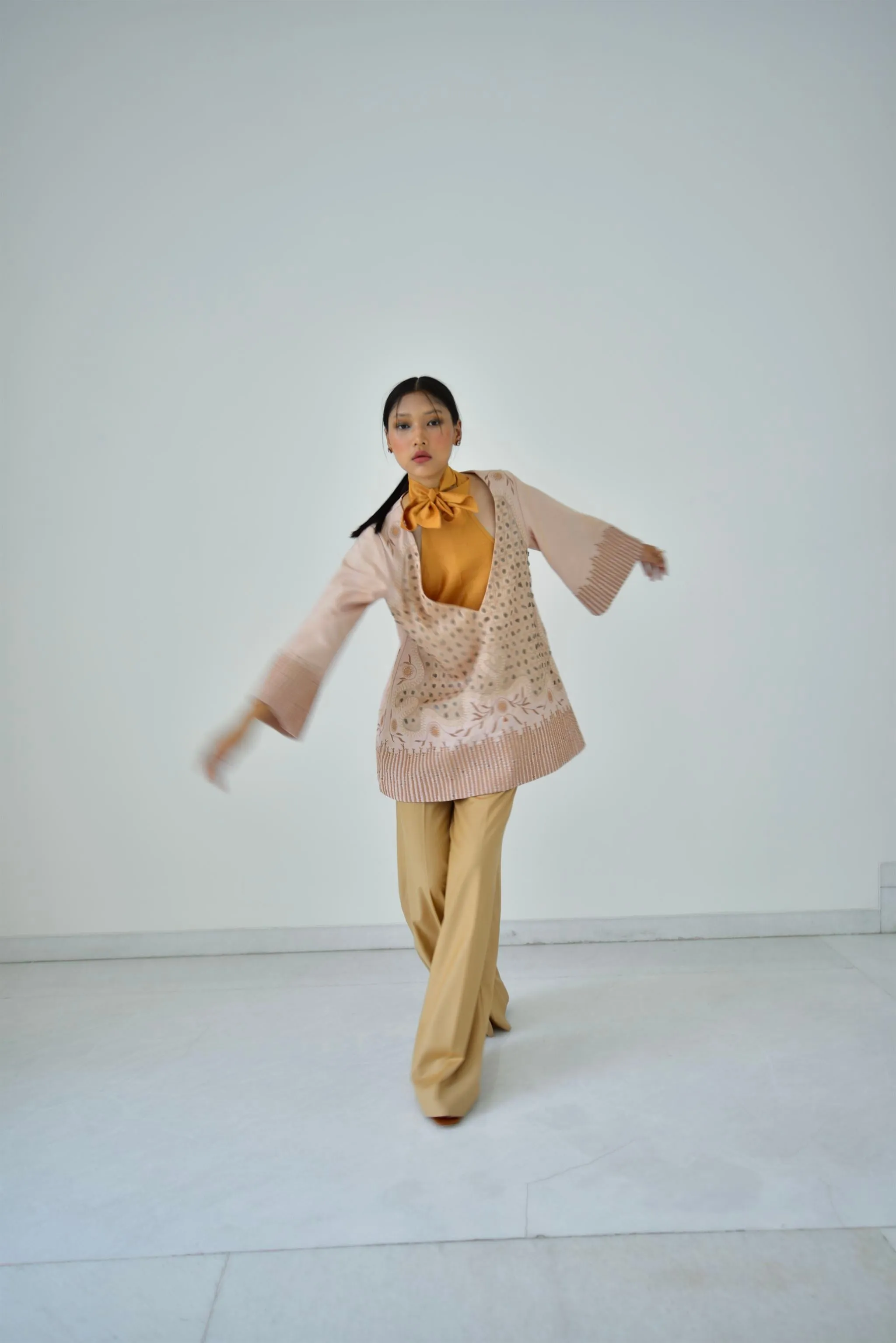 New Season Summer to Fall 2024-Top 2 pc Crossed Halter Bow Silk Amber-SAV/046/CR/S/SQ-Suzanne-Fashion Edit Hemji