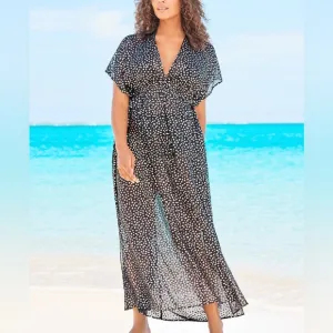NEW Swimsuits for All Black Metallic Silver Dot Sheer Maxi Caftan Coverup Dress