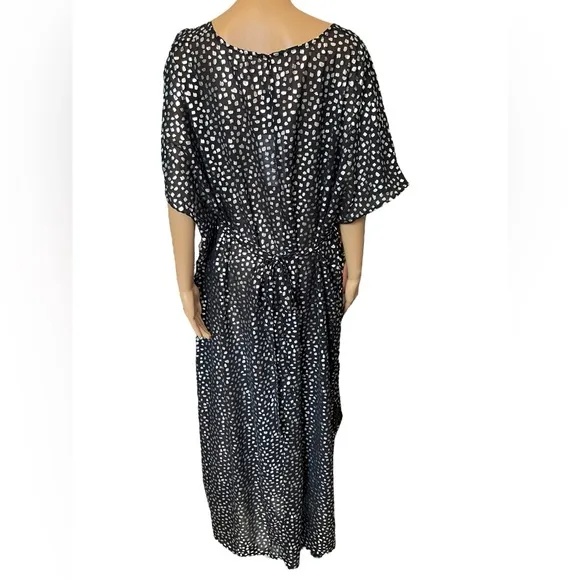 NEW Swimsuits for All Black Metallic Silver Dot Sheer Maxi Caftan Coverup Dress