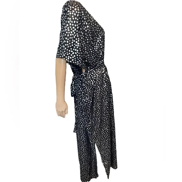 NEW Swimsuits for All Black Metallic Silver Dot Sheer Maxi Caftan Coverup Dress