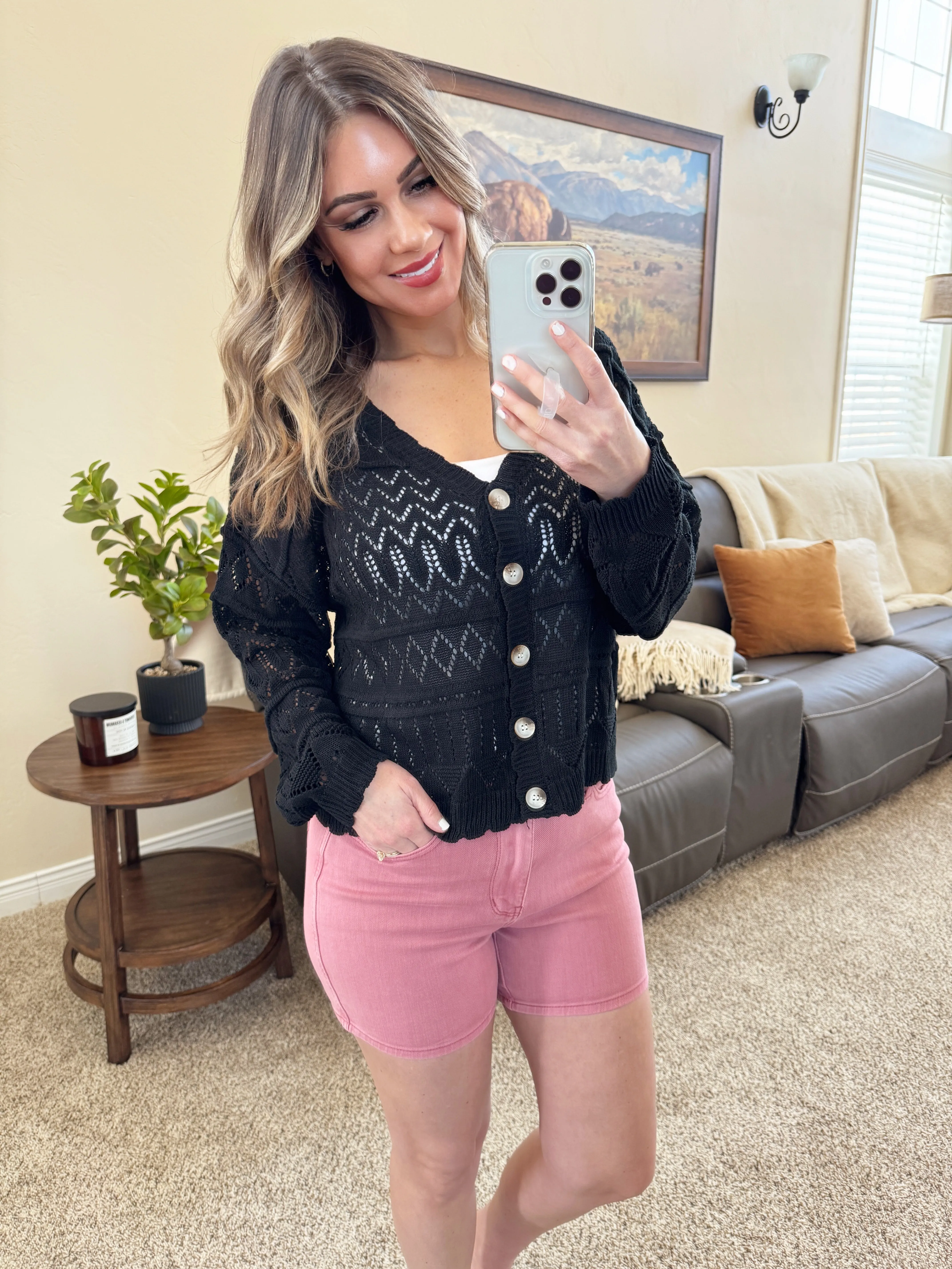 Open Knit Scalloped Cardigan in Black