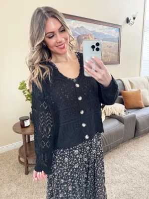 Open Knit Scalloped Cardigan in Black