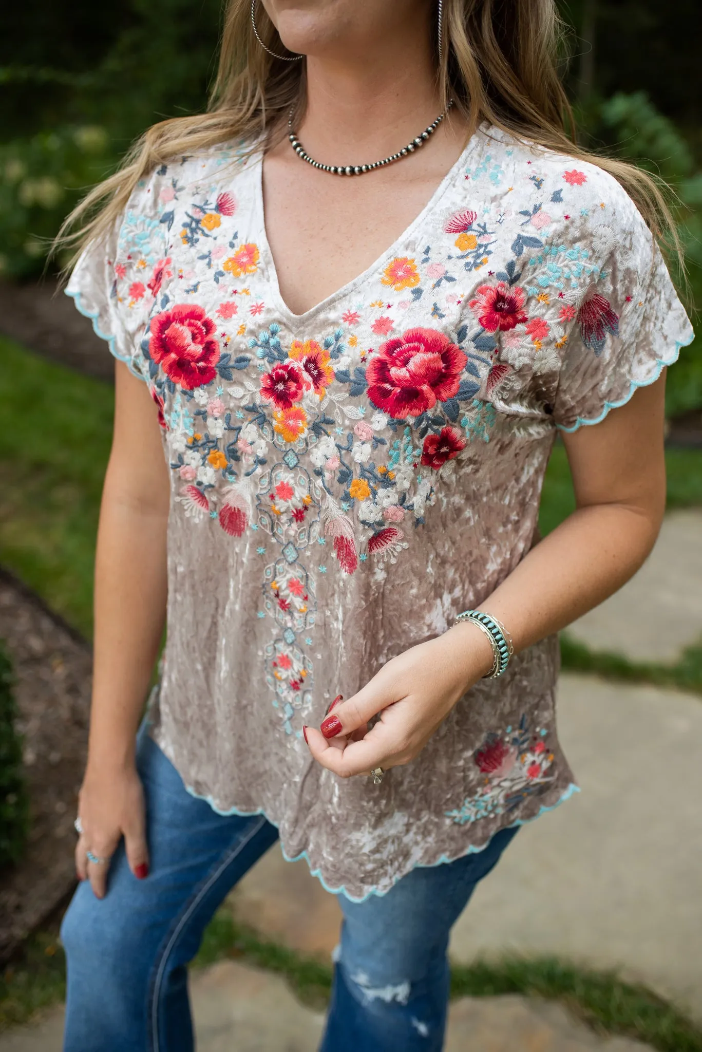 Oyster Velvet Embroidered V Neck Blouse
