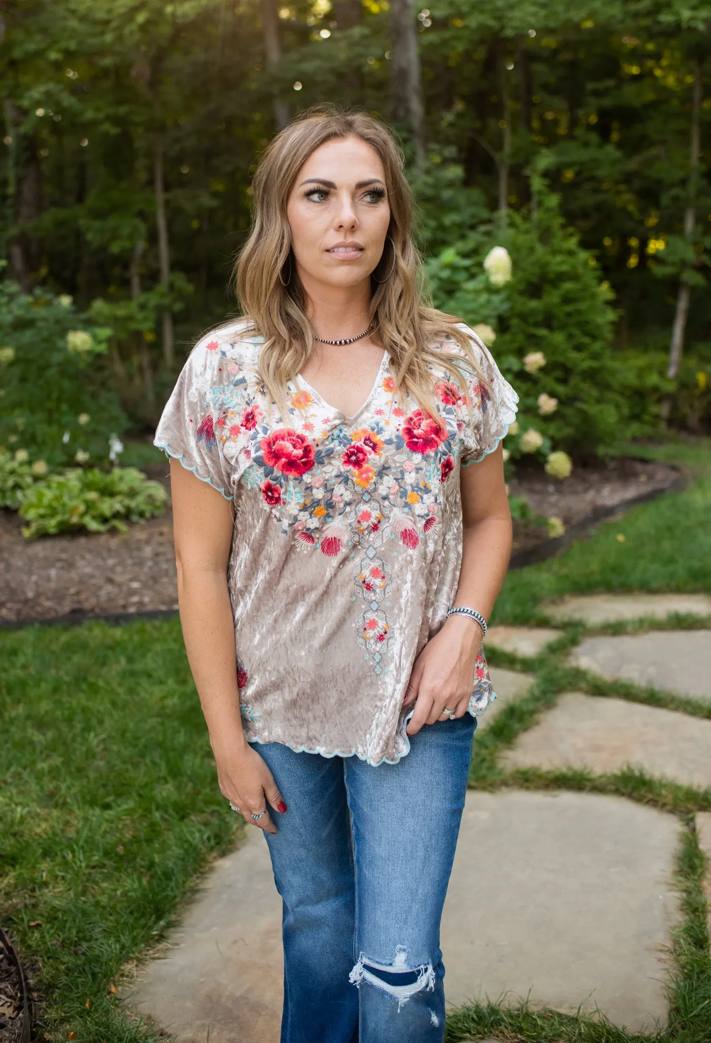 Oyster Velvet Embroidered V Neck Blouse