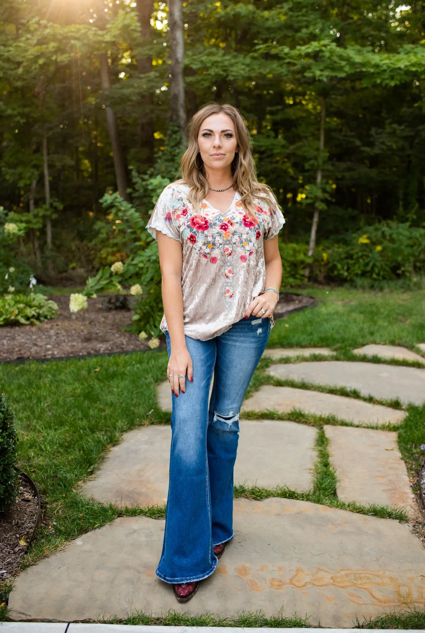 Oyster Velvet Embroidered V Neck Blouse
