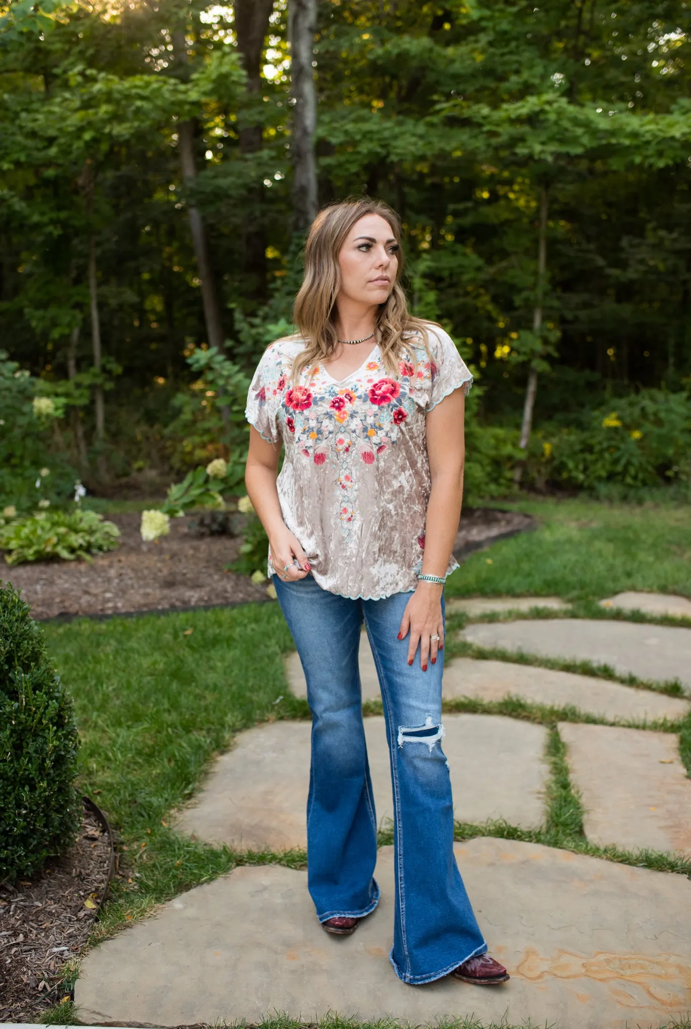 Oyster Velvet Embroidered V Neck Blouse