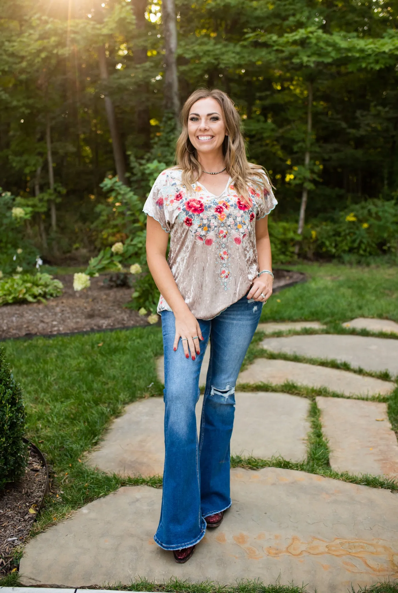 Oyster Velvet Embroidered V Neck Blouse
