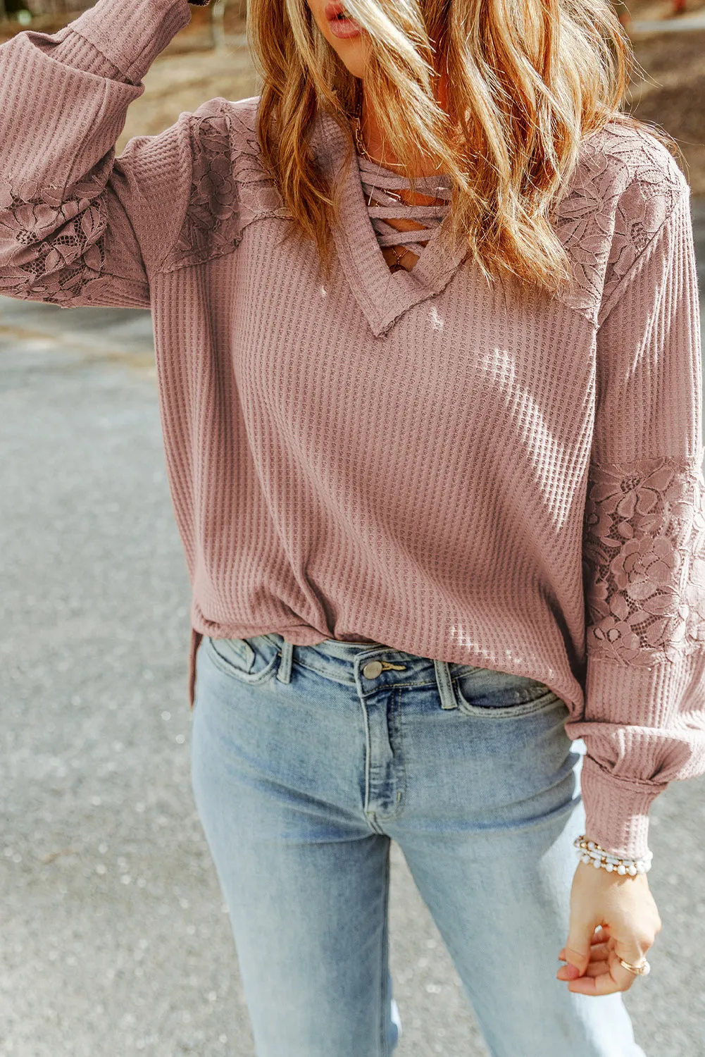 Pink Apricot Lace Waffle Patchwork Strappy V Neck Long Sleeve Top
