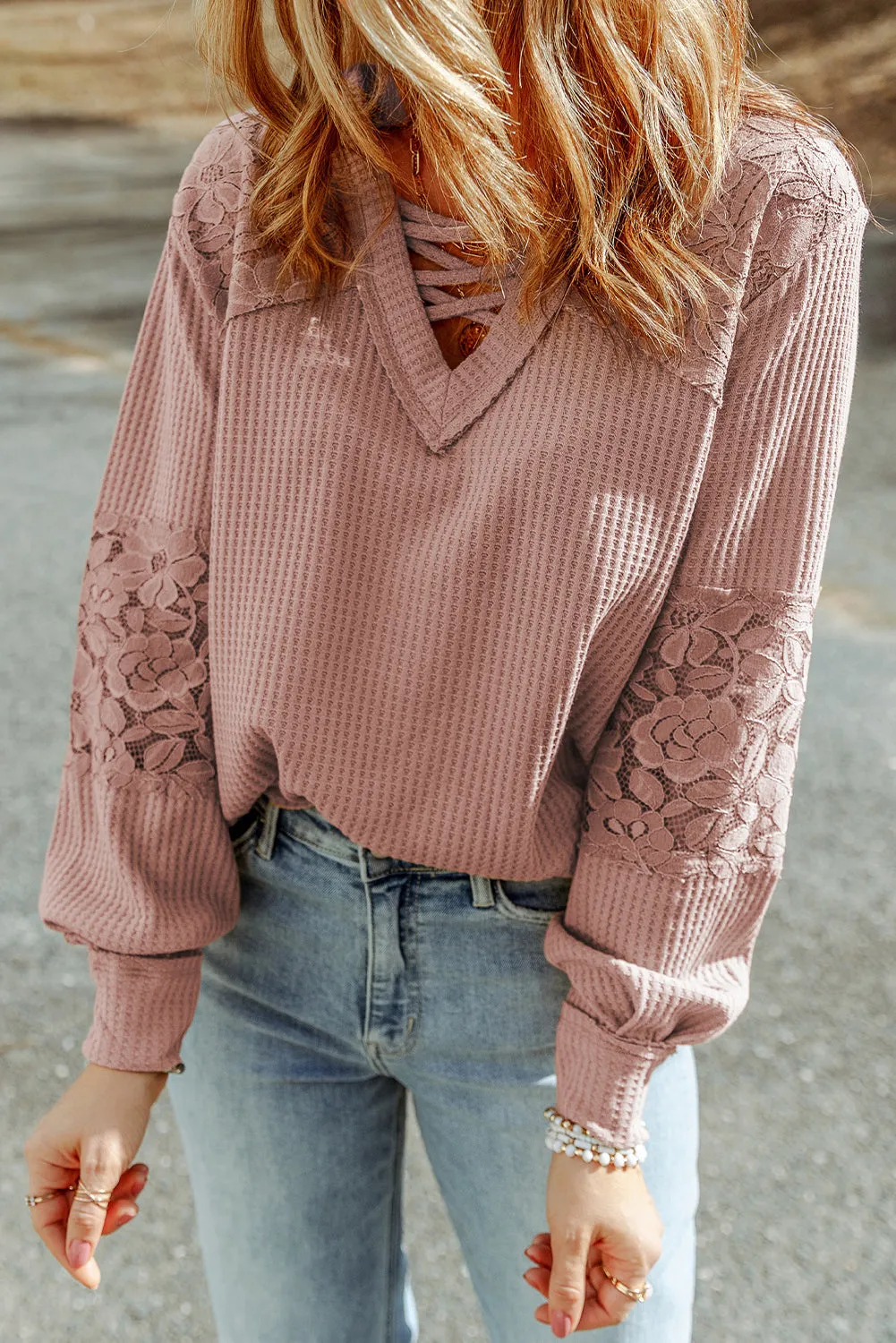 Pink Apricot Lace Waffle Patchwork Strappy V Neck Long Sleeve Top