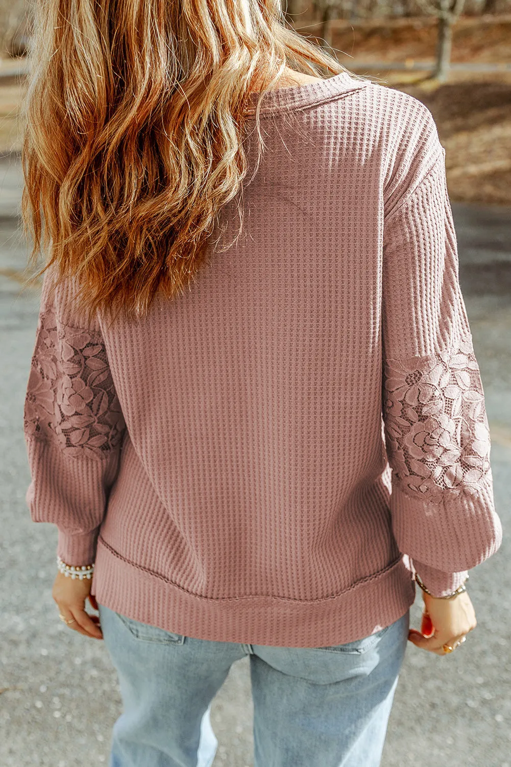 Pink Apricot Lace Waffle Patchwork Strappy V Neck Long Sleeve Top