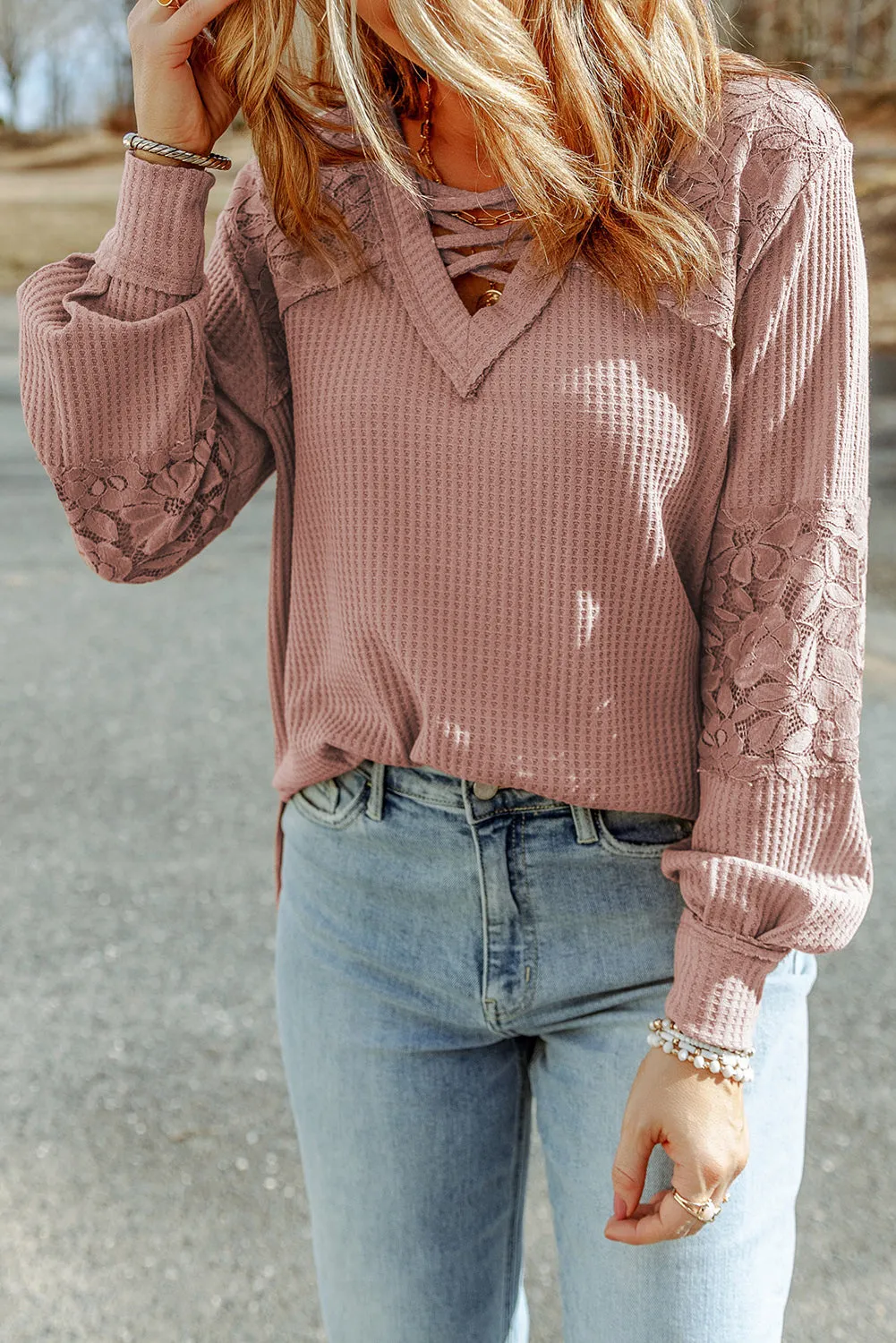Pink Apricot Lace Waffle Patchwork Strappy V Neck Long Sleeve Top