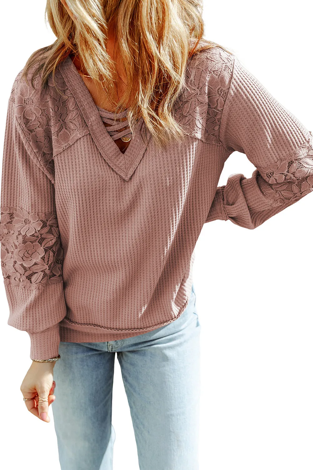 Pink Apricot Lace Waffle Patchwork Strappy V Neck Long Sleeve Top