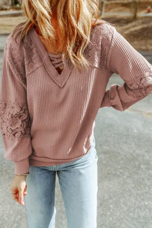 Pink Apricot Lace Waffle Patchwork Strappy V Neck Long Sleeve Top