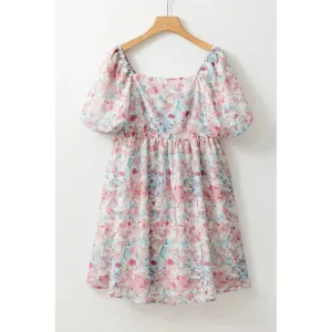 Pink Floral Puff Sleeve Square Neck Smock Ruffled Dress