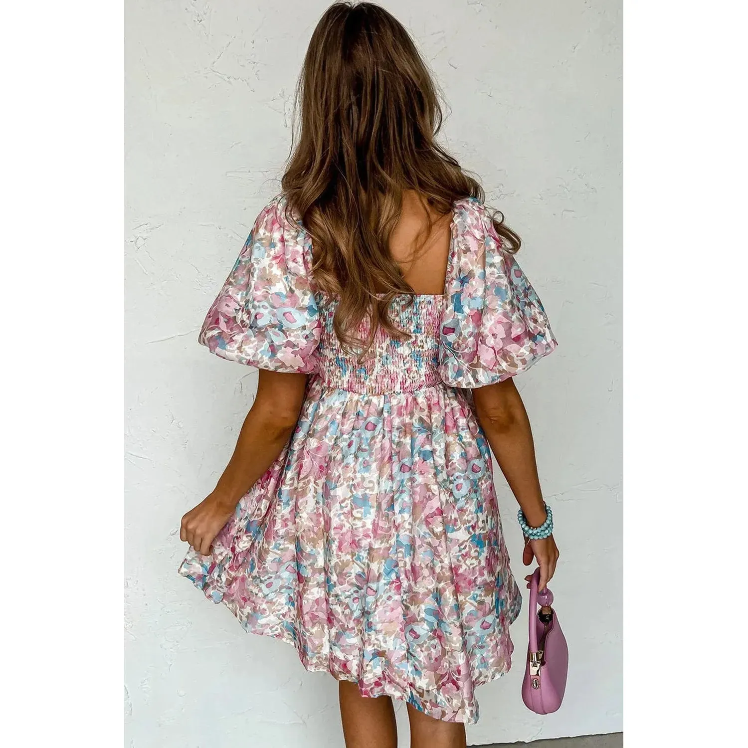 Pink Floral Puff Sleeve Square Neck Smock Ruffled Dress