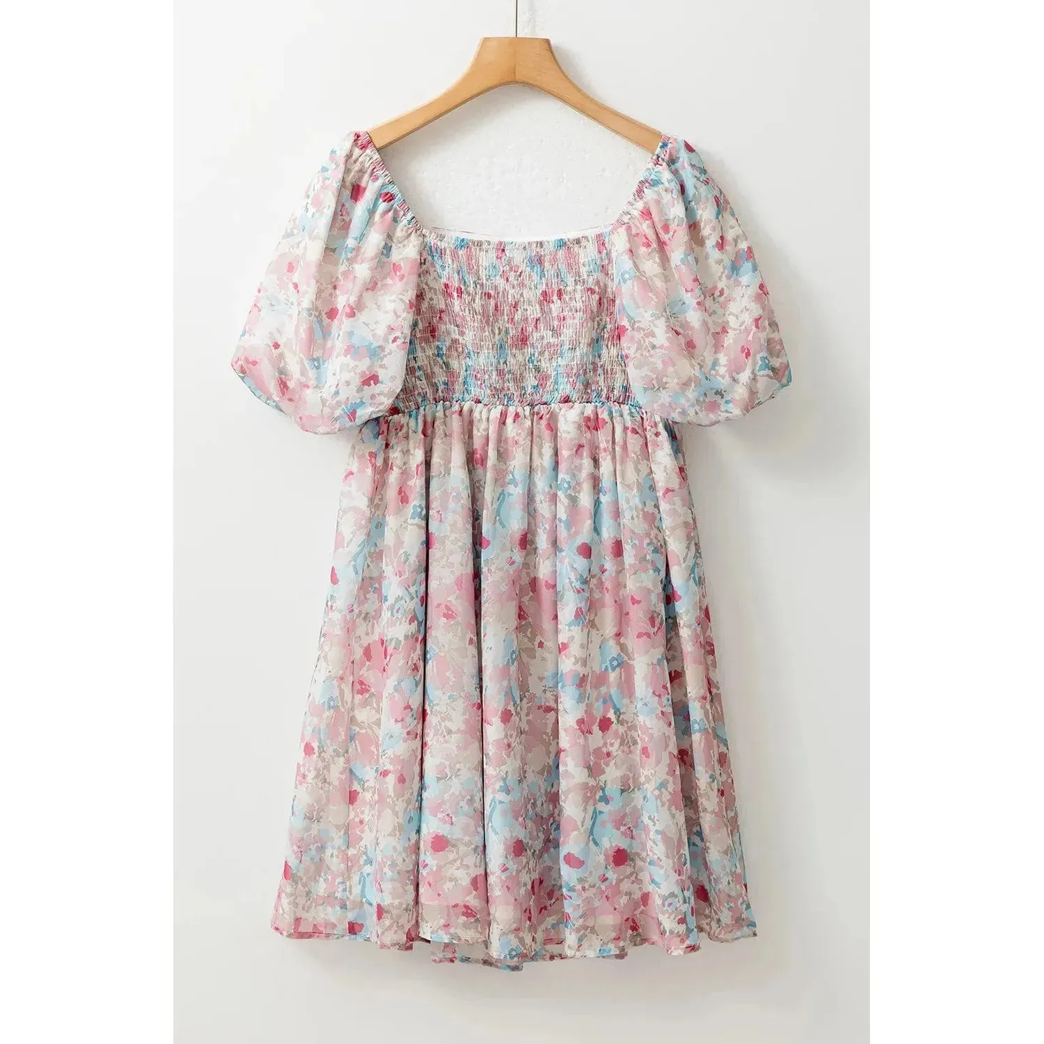 Pink Floral Puff Sleeve Square Neck Smock Ruffled Dress