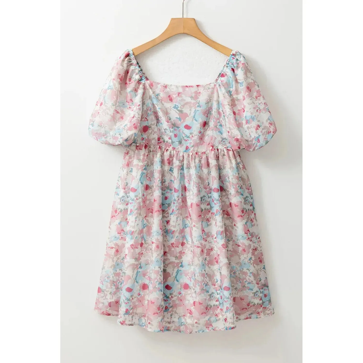 Pink Floral Puff Sleeve Square Neck Smock Ruffled Dress