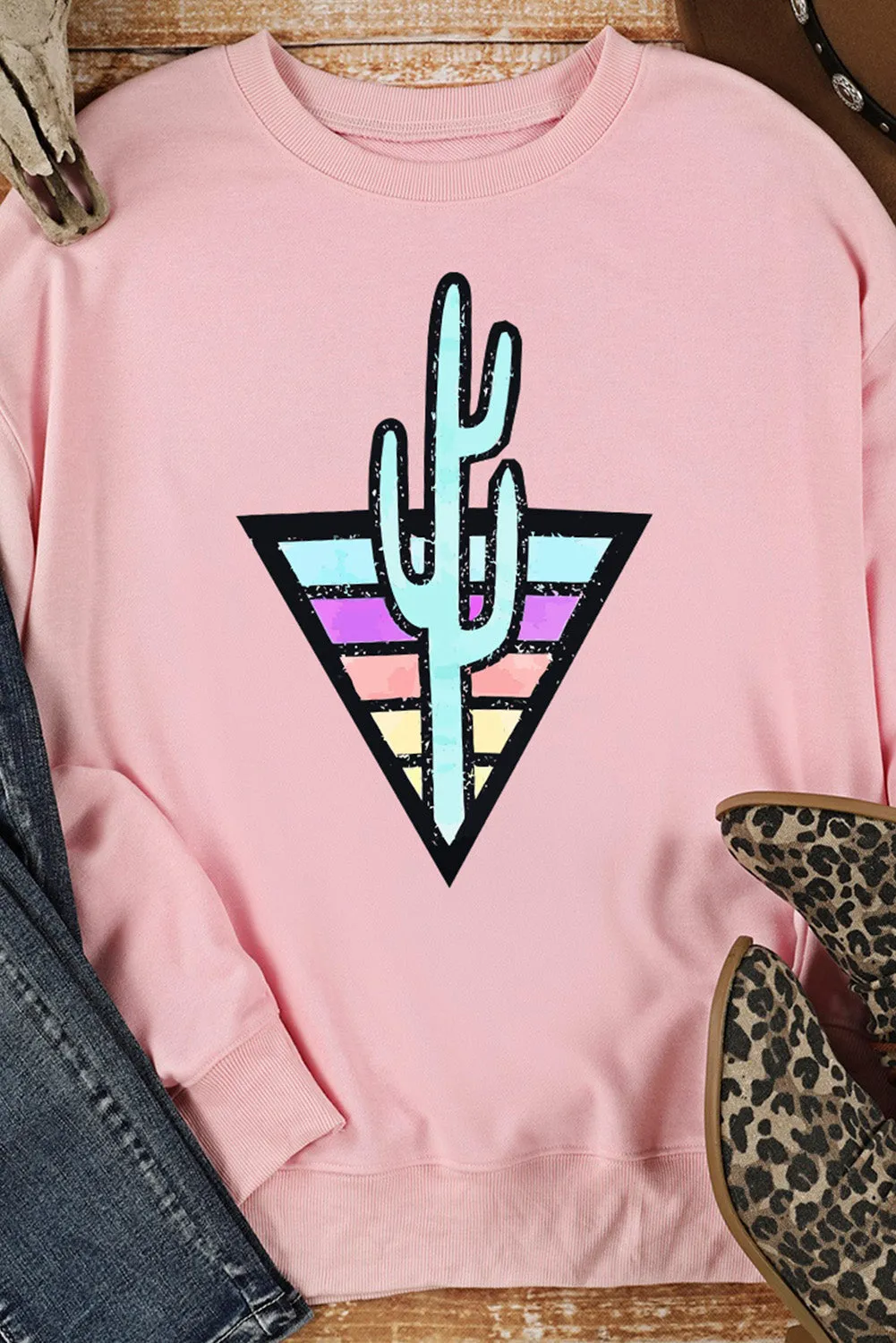 Pink Western Cactus Color Block Pullover Sweatshirt