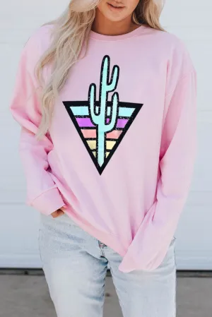 Pink Western Cactus Color Block Pullover Sweatshirt
