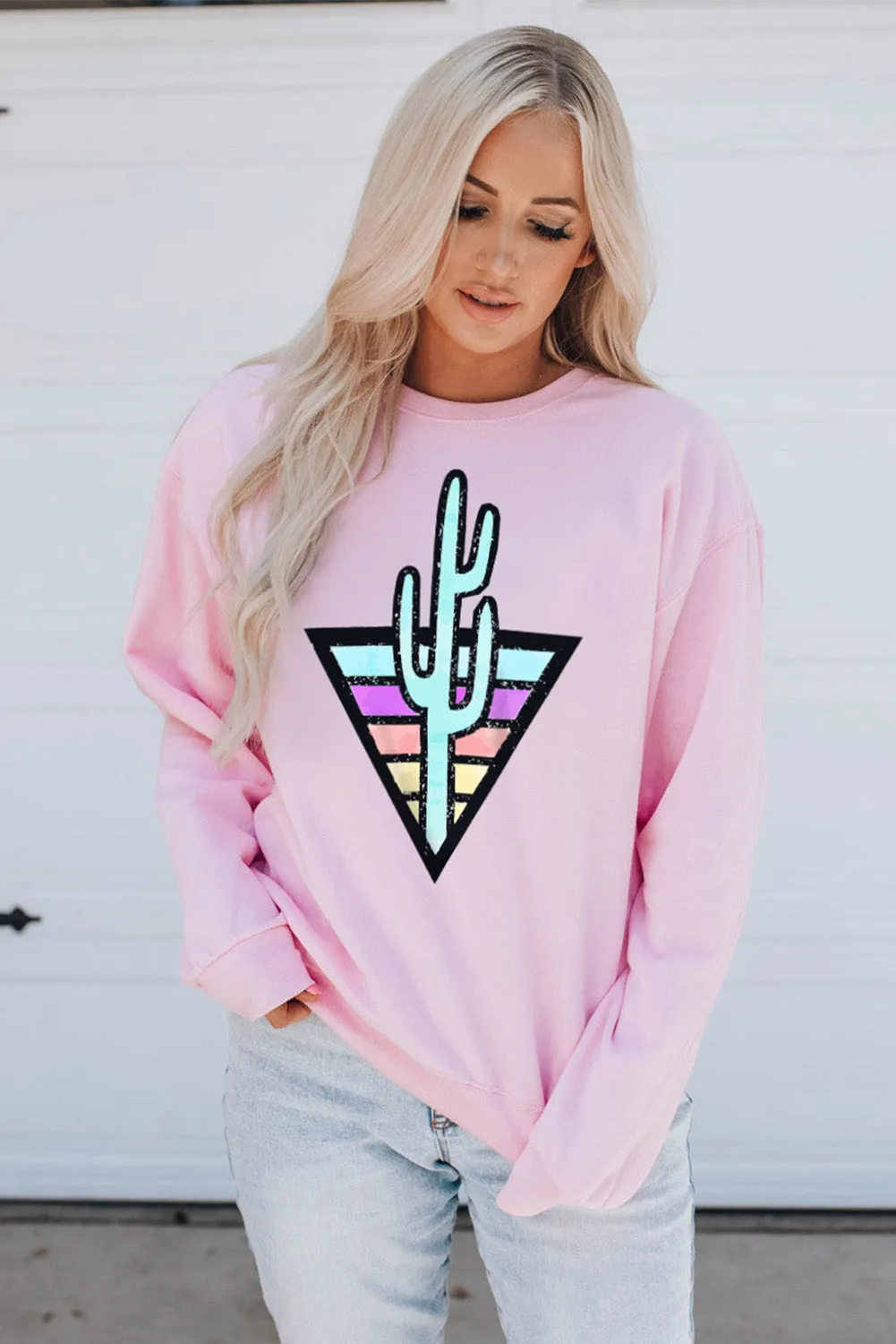 Pink Western Cactus Color Block Pullover Sweatshirt