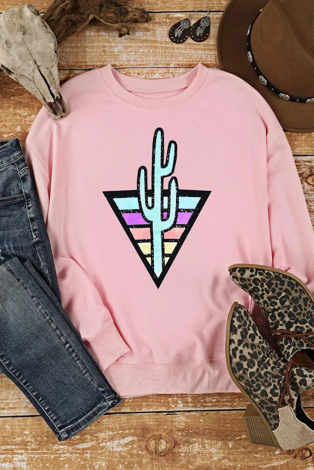 Pink Western Cactus Color Block Pullover Sweatshirt