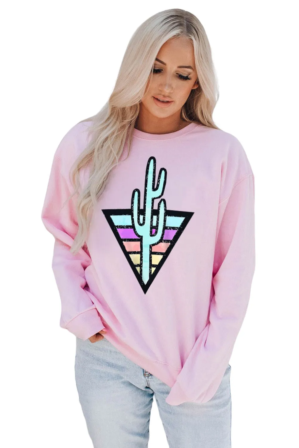 Pink Western Cactus Color Block Pullover Sweatshirt