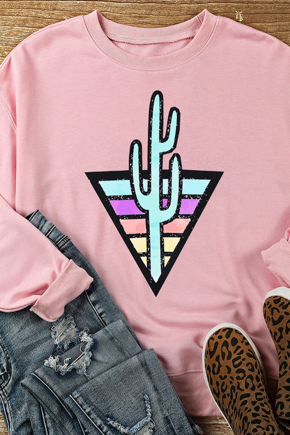 Pink Western Cactus Color Block Pullover Sweatshirt