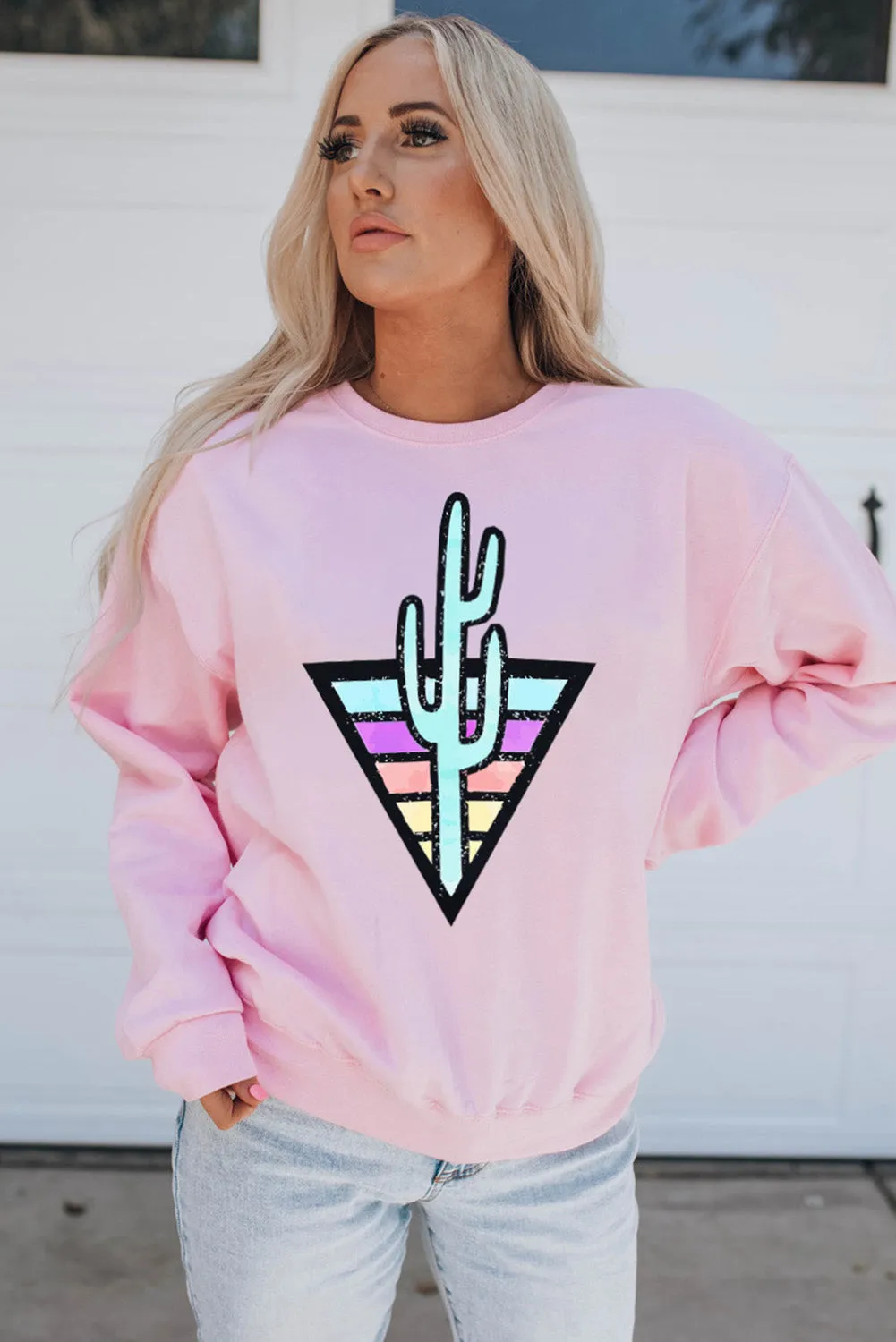 Pink Western Cactus Color Block Pullover Sweatshirt