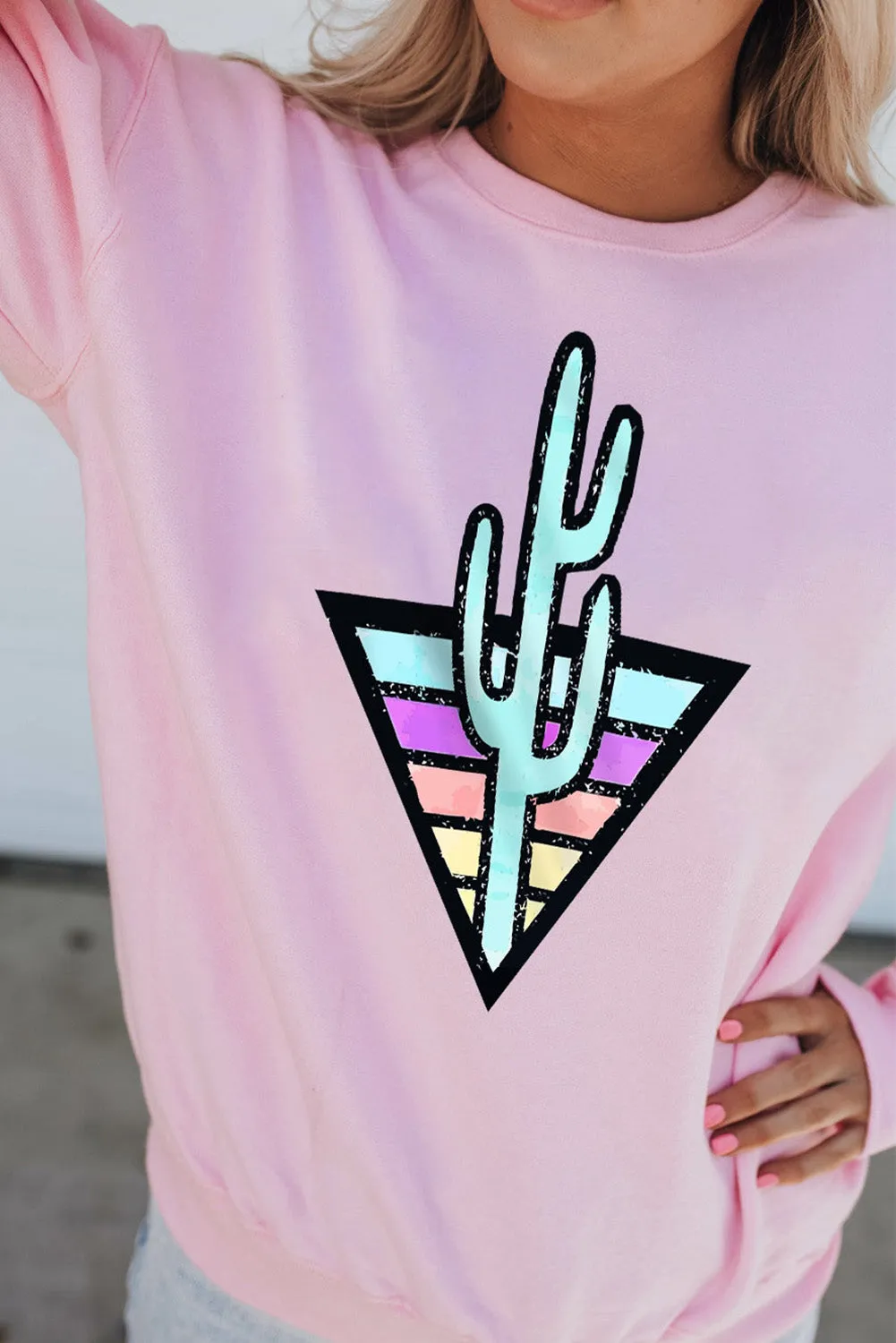 Pink Western Cactus Color Block Pullover Sweatshirt