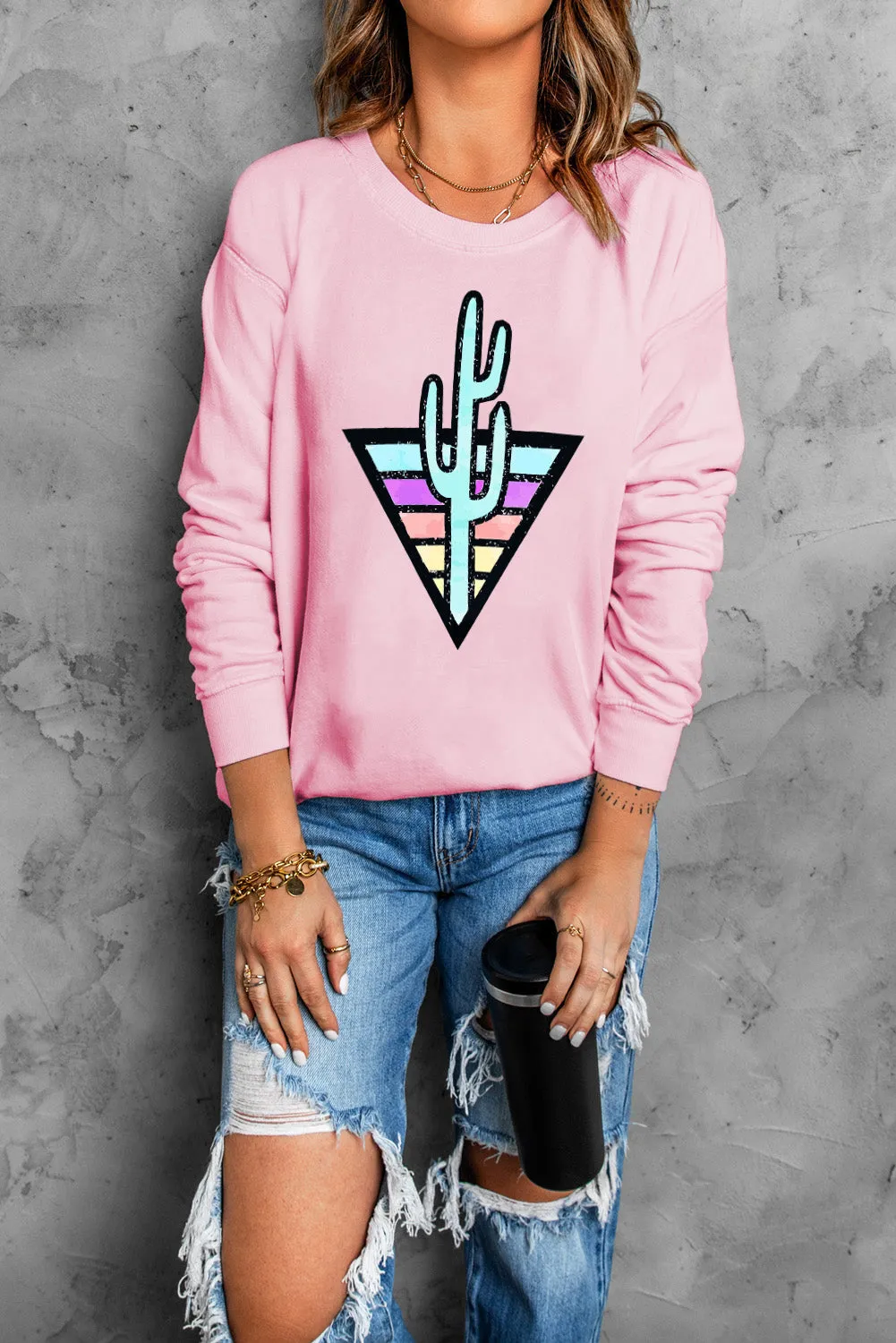Pink Western Cactus Color Block Pullover Sweatshirt