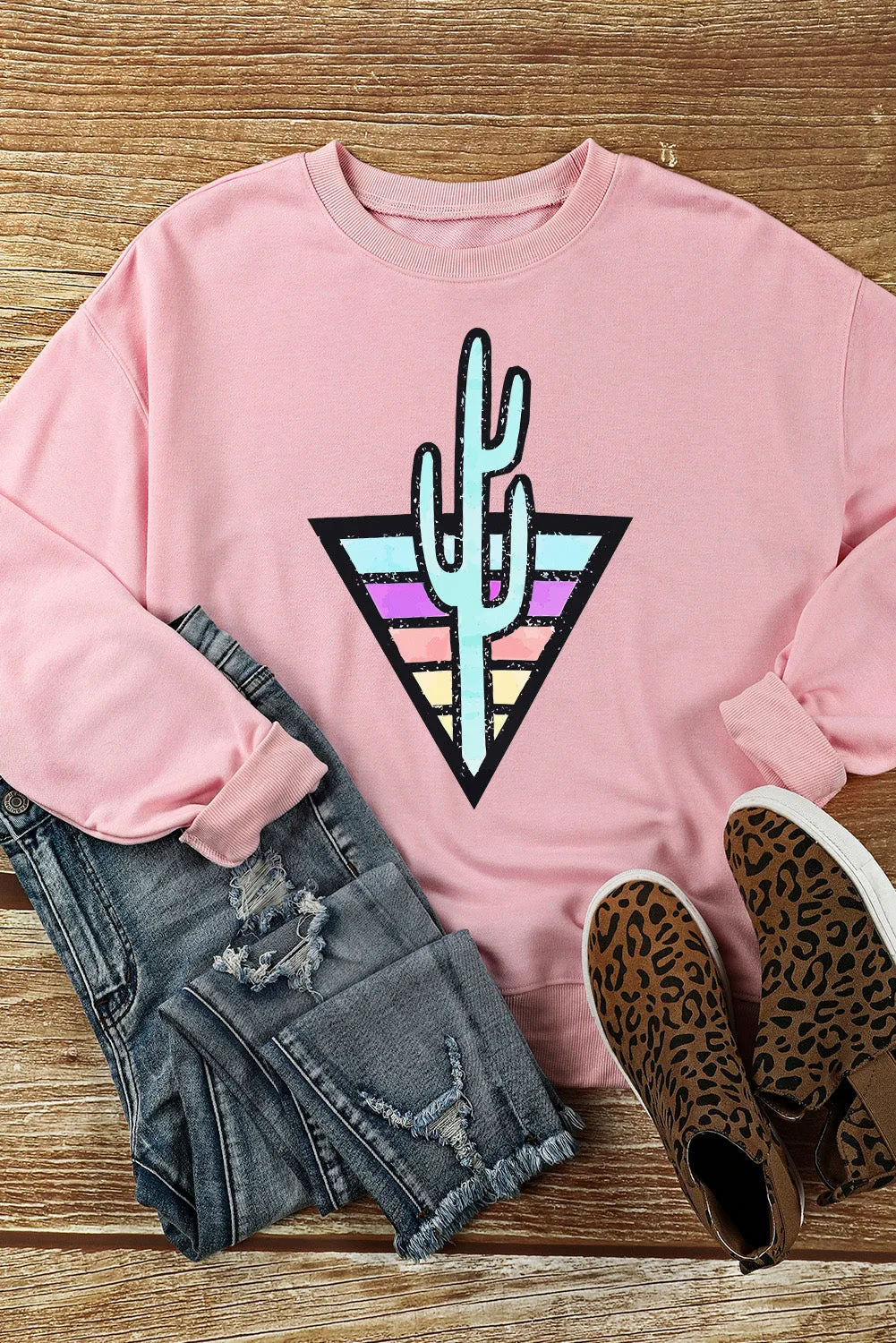 Pink Western Cactus Color Block Pullover Sweatshirt