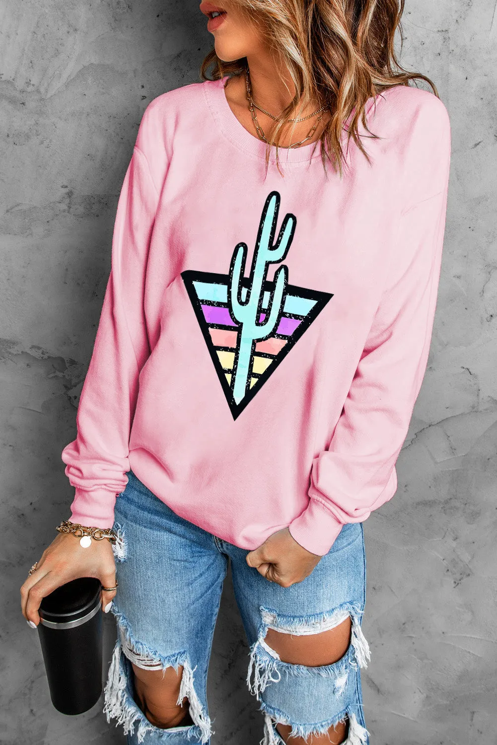 Pink Western Cactus Color Block Pullover Sweatshirt