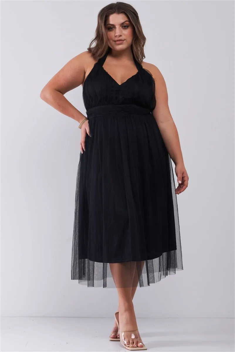 Plus Halter Neck Sleeveless Mesh High-waisted Midi Dress