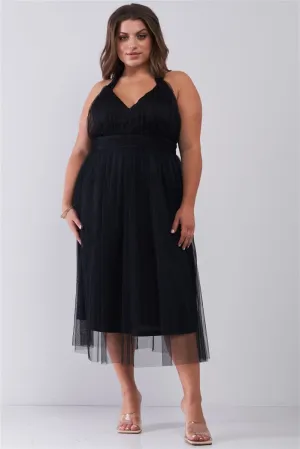 Plus Halter Neck Sleeveless Mesh High-waisted Midi Dress