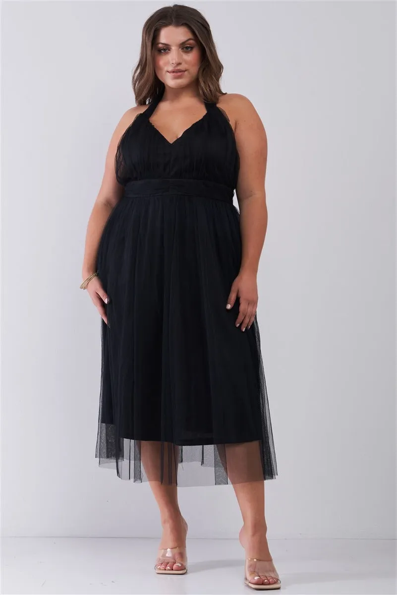 Plus Halter Neck Sleeveless Mesh High-waisted Midi Dress