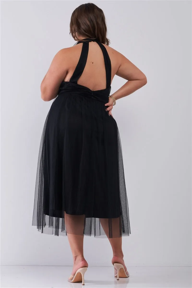Plus Halter Neck Sleeveless Mesh High-waisted Midi Dress