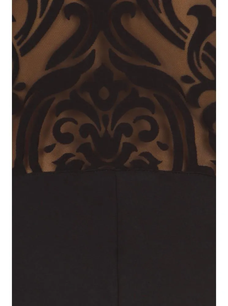 Plus Size Graceful Victorian Print Mesh Black Midi Dress