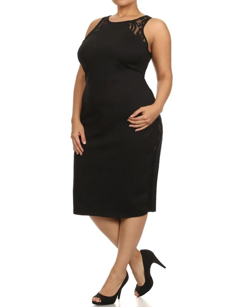 Plus Size Graceful Victorian Print Mesh Black Midi Dress